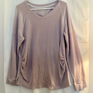 Long-Sleeve maternity V-Neck Ruched Side Ribbed Top - Taupe Size L